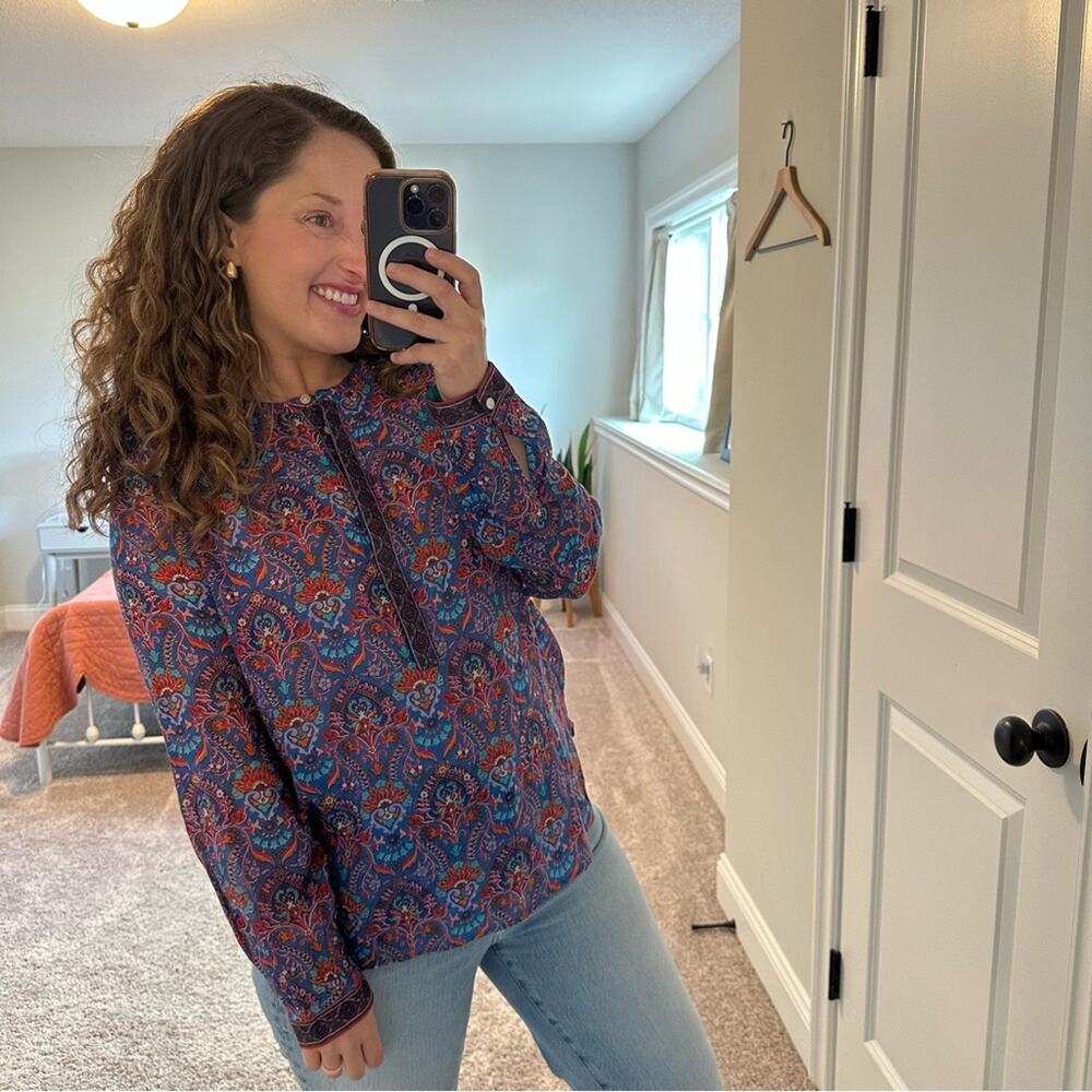 LOFT The Softened Shirt Blue Red Block Print Long Sleeve Blouse Top Small - Picture 4 of 13
